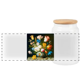 Elegant flower vase colorful flowers Flemish - Panoramic Cookie Jar with Wooden Lid - white - Front