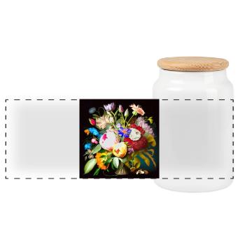 Colorful bouquet on black Flemish - Panoramic Cookie Jar with Wooden Lid - white - Front