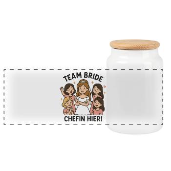 Team Bride – Chefin Hier! Hochwertiges JGA design - Panorama Keksdose mit Holzdeckel - Weiß - Vorne