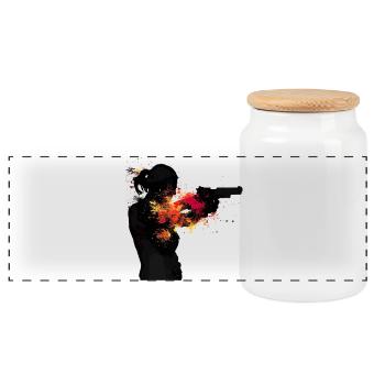 Abstract Woman with Pistol in Color Explosion, Sport - Panoramic Cookie Jar with Wooden Lid - white - Front