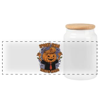 Halloween Kürbis Frisur Design - Panorama Keksdose mit Holzdeckel - Weiß - Vorne