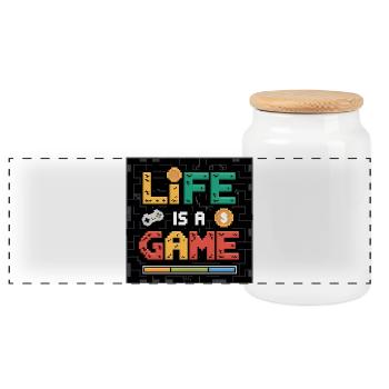 Pixel Art Live ist ein Spiel Retro Design, Gaming - Panorama Keksdose mit Holzdeckel - Weiß - Vorne