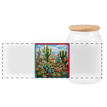 Colorful Desert Plants Cacti Embroidery Landscape - Panoramic Cookie Jar with Wooden Lid - white - Front