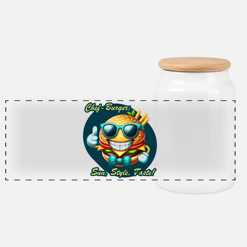 Sunny Chef Burger Cartoon Design - Panoramic Cookie Jar with Wooden Lid - white