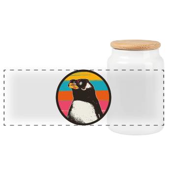 Penguin with Retro Sunset - Panoramic Cookie Jar with Wooden Lid - white - Front