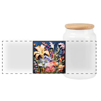 Floral pattern in embroidery technique on dark blue - Panoramic Cookie Jar with Wooden Lid - white - Front