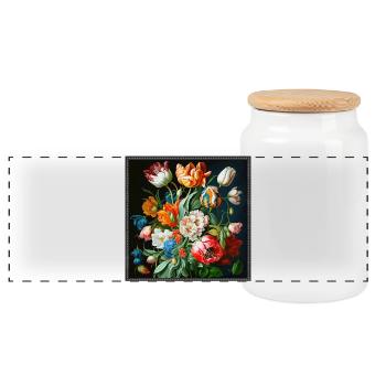 Colorful Tulip and Daffodil Gallery Tapestry - Panoramic Cookie Jar with Wooden Lid - white - Front
