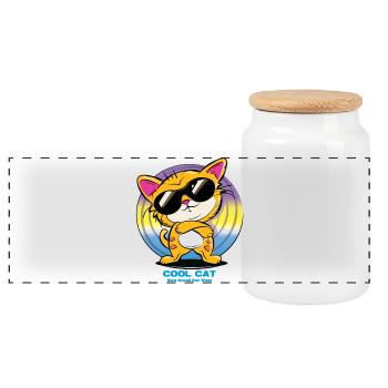 Coole Katze mit Sonnenbrille - Panorama Keksdose mit Holzdeckel - Weiß - Vorne