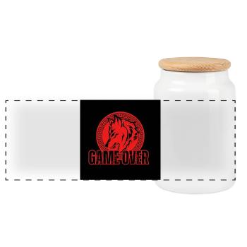 Aggressive Red Wolf "Game Over" - Panoramic Cookie Jar with Wooden Lid - white - Front