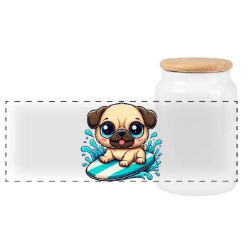 Cute Pug Surfer Cartoon Surfing Summer - Panoramic Cookie Jar with Wooden Lid - white - Front