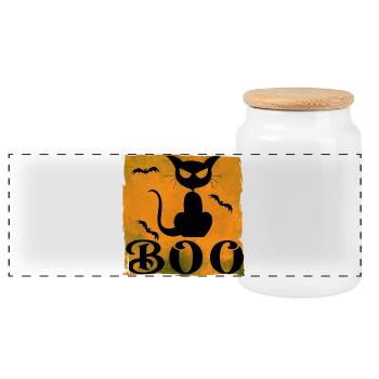 Halloween T-Shirt mit Katze und Buh-Text - Panorama Keksdose mit Holzdeckel - Weiß - Vorne