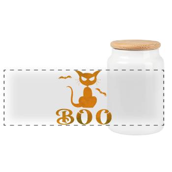 Halloween Boo Katze Design - Panorama Keksdose mit Holzdeckel - Weiß - Vorne