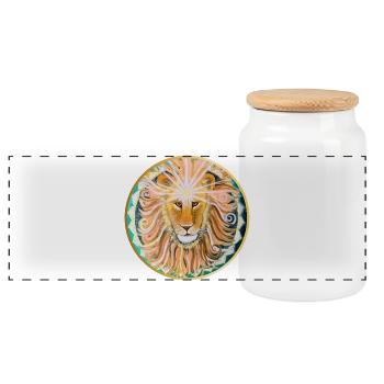 Lion Head with Sun Mandala and Third Eye - Panoramic Cookie Jar with Wooden Lid - white - Front