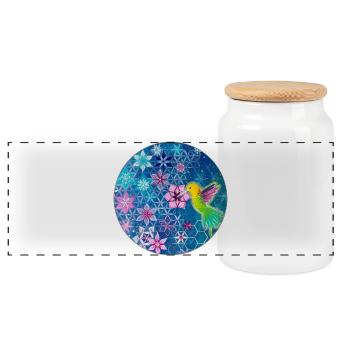 Hummingbird and flowers with sacred geometry - Panoramic Cookie Jar with Wooden Lid - white - Front