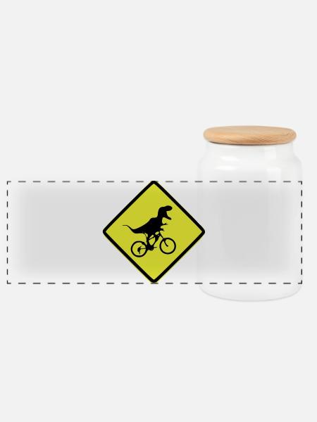 T-Rex Fahrradsignal illustriert - Panorama Keksdose mit Holzdeckel - Weiß