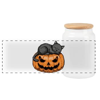 Chat endormi Halloween Design - Boîte à biscuits avec couvercle en bois - blanc - Devant