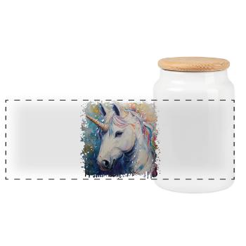 Farbenfrohes Einhorn Kunstwerk - Panorama Keksdose mit Holzdeckel - Weiß - Vorne
