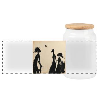 Feminine Silhouettes and Minimalist Bird - Panoramic Cookie Jar with Wooden Lid - white - Front