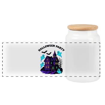 Haunted House Halloween - Panoramic Cookie Jar with Wooden Lid - white - Front