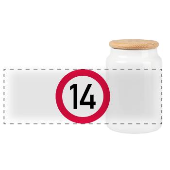 14. Geburtstag Achtung! Verkehrsschild 14 Km/h - Panorama Keksdose mit Holzdeckel - Weiß - Vorne