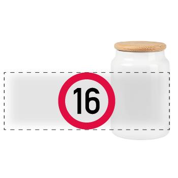 16. Geburtstag Achtung! Verkehrsschild 16 Km/h - Panorama Keksdose mit Holzdeckel - Weiß - Vorne