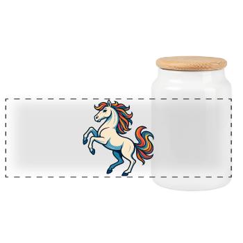 White horse with colorful mane – imaginative - Panoramic Cookie Jar with Wooden Lid - white - Front