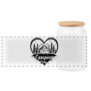 Love Camping Crew / Herz Wohnwagen Berge Design - Panorama Keksdose mit Holzdeckel - Weiß - Vorne