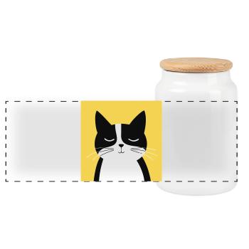 Minimalist Black and White Cat - Panoramic Cookie Jar with Wooden Lid - white - Front