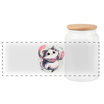 Cuddly kitten with pink scarf - Panoramic Cookie Jar with Wooden Lid - white - Front