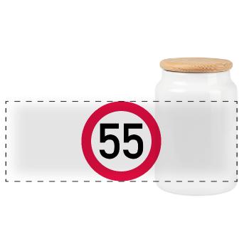 55. Geburtstag Achtung! Verkehrsschild 55 Km/h - Panorama Keksdose mit Holzdeckel - Weiß - Vorne