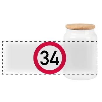 34. Geburtstag Achtung! Verkehrsschild 34 Km/h - Panorama Keksdose mit Holzdeckel - Weiß - Vorne