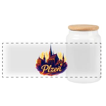 Pilsen Plzeň Stadt Tschechien Silhouette Geschenk - Panorama Keksdose mit Holzdeckel - Weiß - Vorne