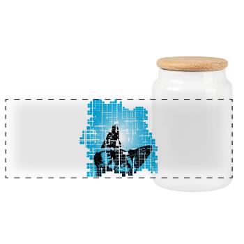 Cat in Pixel Grid Blue - Panoramic Cookie Jar with Wooden Lid - white - Front