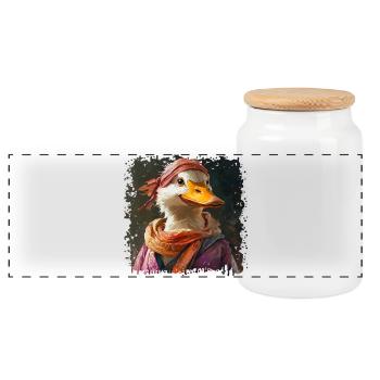Anthropomorphic duck with colorful scarf - Panoramic Cookie Jar with Wooden Lid - white - Front