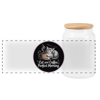 Cat Coffee Morning Magic - Panoramic Cookie Jar with Wooden Lid - white - Front