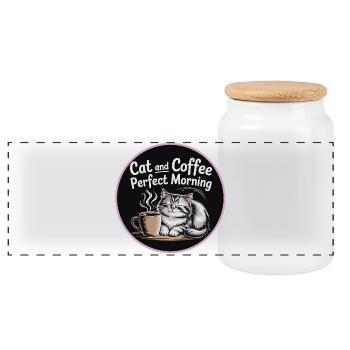Cat and Coffee Perfect Morning - Panoramic Cookie Jar with Wooden Lid - white - Front