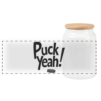 Puck Yeah Eishockey Spruch Hockey Puck Grafik - Panorama Keksdose mit Holzdeckel - Weiß - Vorne
