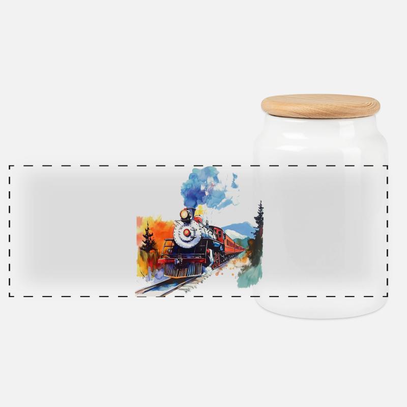 Aquarell Dampflok in den Bergen - Panorama Keksdose mit Holzdeckel - Weiß