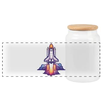 Cartoon rocket in flight - Panoramic Cookie Jar with Wooden Lid - white - Front