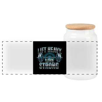 Lift Heavy Live Strong Barbell - Panorama Keksdose mit Holzdeckel - Weiß - Vorne