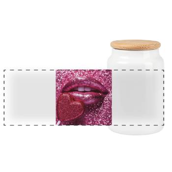 Pink glitter lips and sugar heart - Panoramic Cookie Jar with Wooden Lid - white - Front