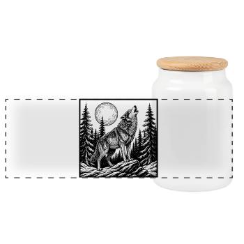 howling wolf - Panoramic Cookie Jar with Wooden Lid - white - Front