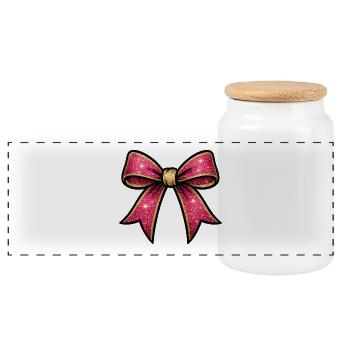Pink glitter bow gold rim - Panoramic Cookie Jar with Wooden Lid - white - Front