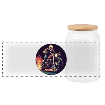 Skeleton on motorcycle flames - Panoramic Cookie Jar with Wooden Lid - white - Front