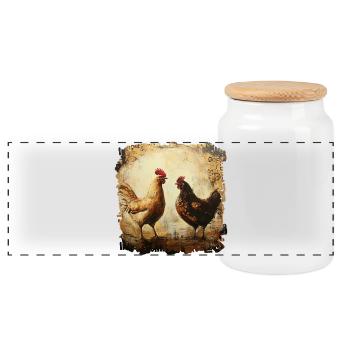 Rustic Rooster and Chicken Duo, Oil Painting - Panoramic Cookie Jar with Wooden Lid - white - Front