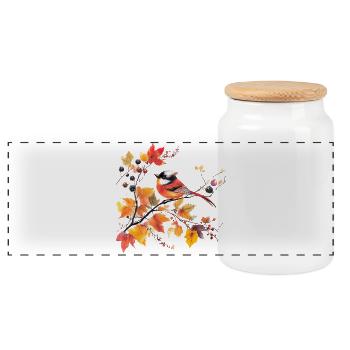 Bird in autumn on leaf branch - Panoramic Cookie Jar with Wooden Lid - white - Front