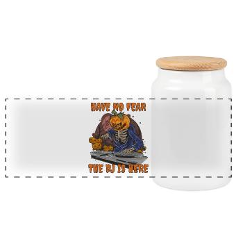 Halloween DJ Pumpkin Skeleton Funny Saying - Panoramic Cookie Jar with Wooden Lid - white - Front