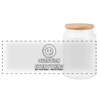 Question Everything - Never Stop Asking  - Panoramic Cookie Jar with Wooden Lid - white - Front