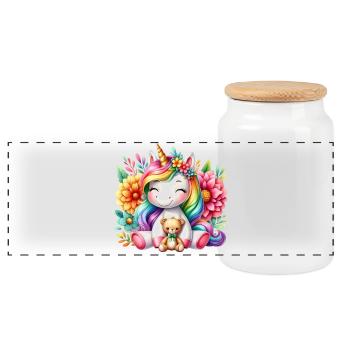 Regenbogen Einhorn Blumentraum - Panorama Keksdose mit Holzdeckel - Weiß - Vorne
