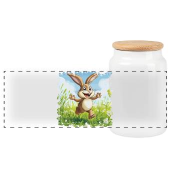 Lapin joyeux dans la prairie printanière - Boîte à biscuits avec couvercle en bois - blanc - Devant